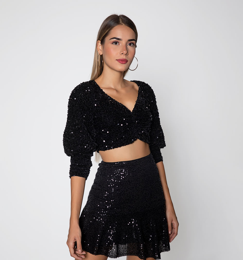 Blusa crop manga larga de lentejuelas