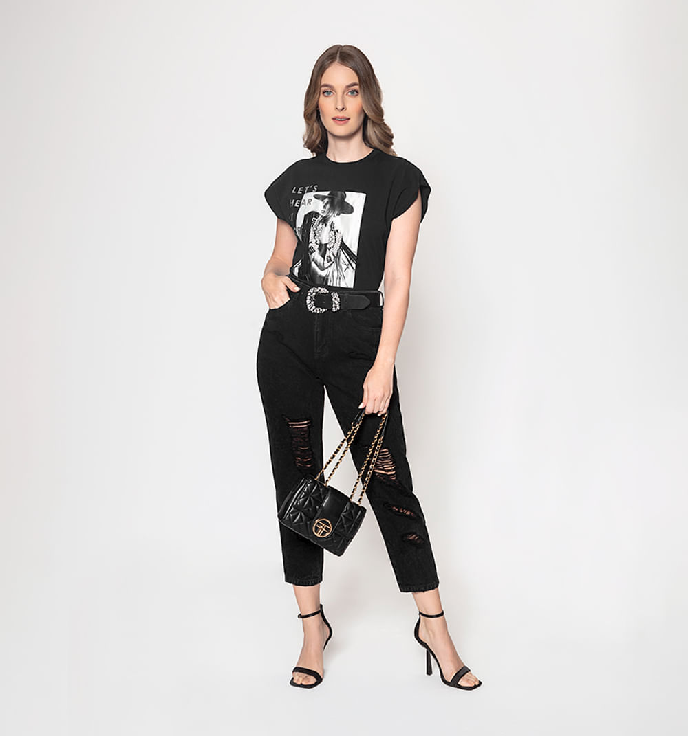 Jean baggy black denim tiro alto con des