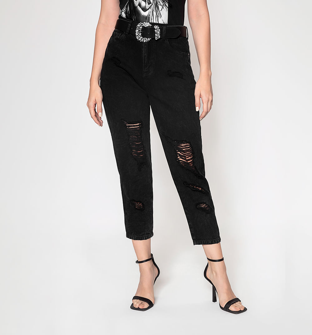 Jean baggy black denim tiro alto con des