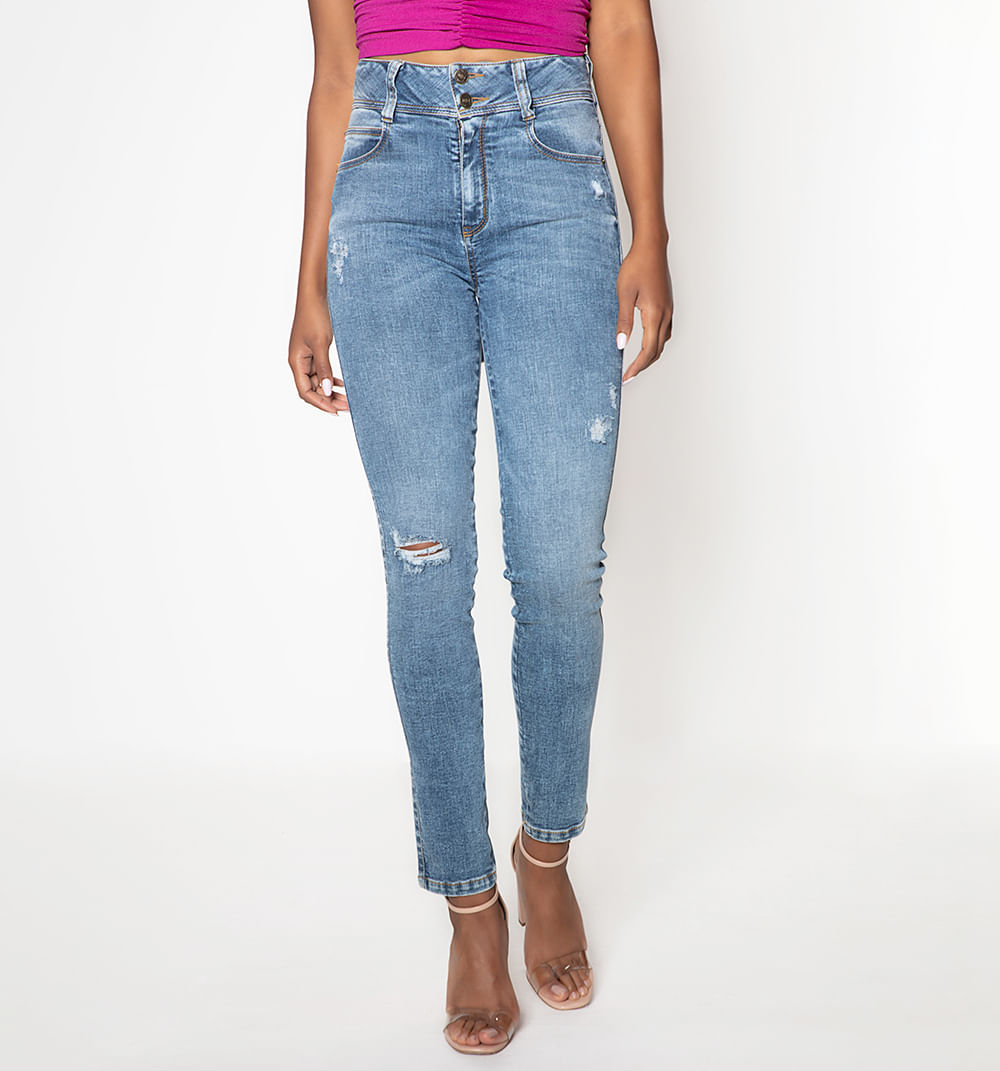 Jean skinny tiro alto, pretina dos boton