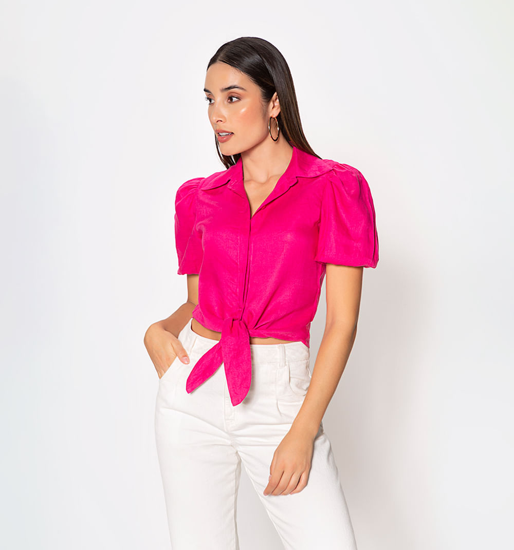 Blusa manga corta con volumen y anudado