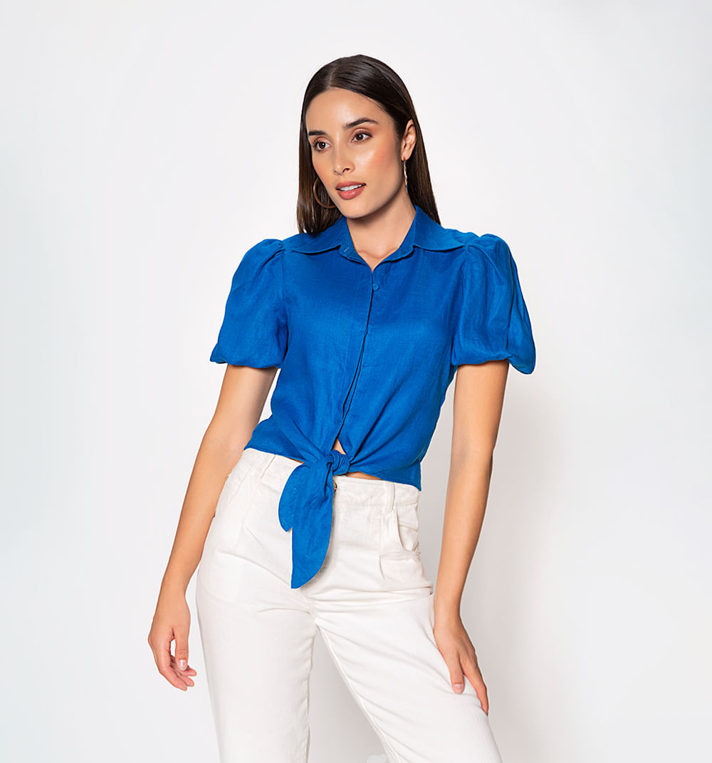 Blusa manga corta con volumen y anudado