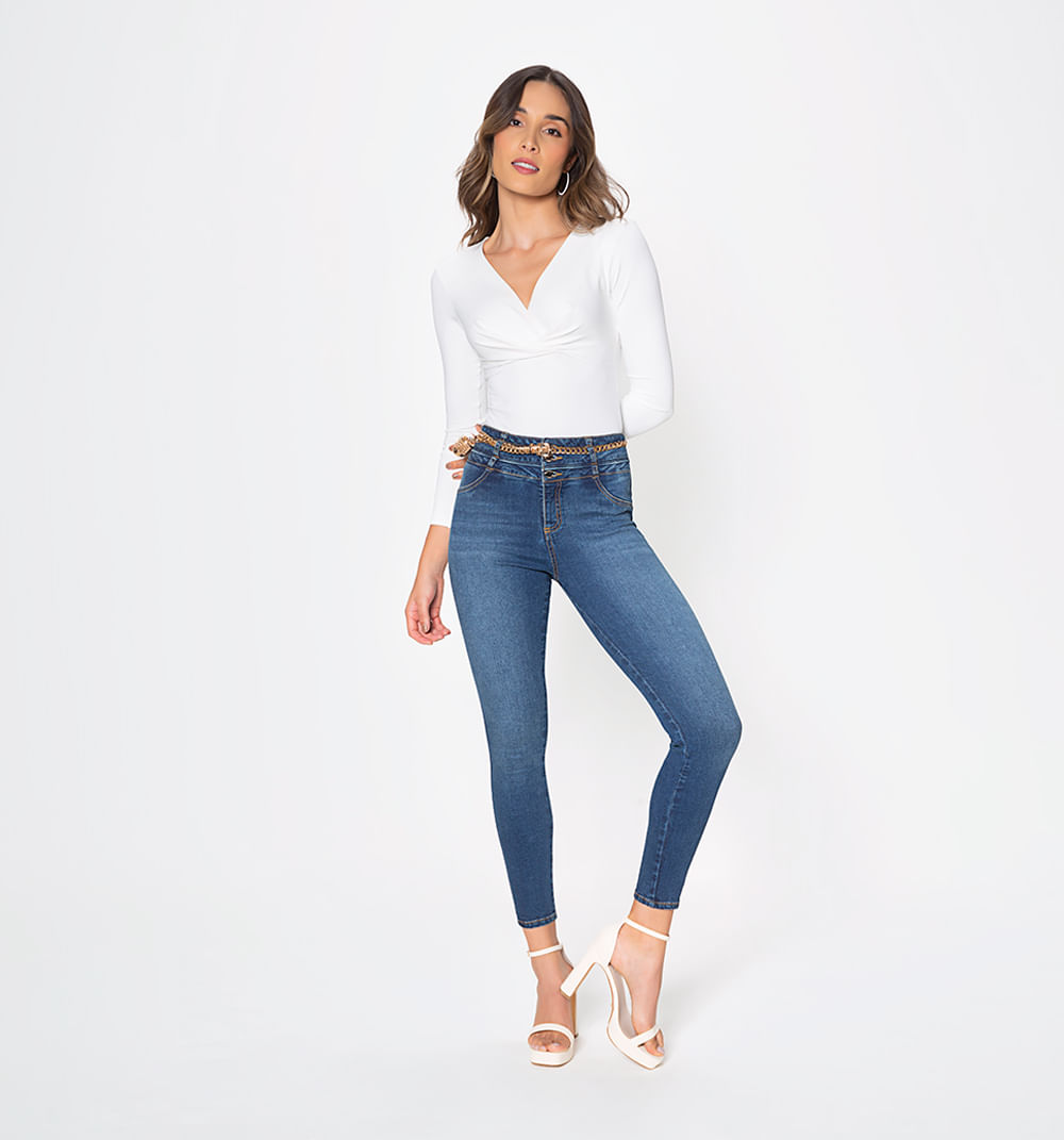 Jean ultra slim tiro alto pretina ancha,