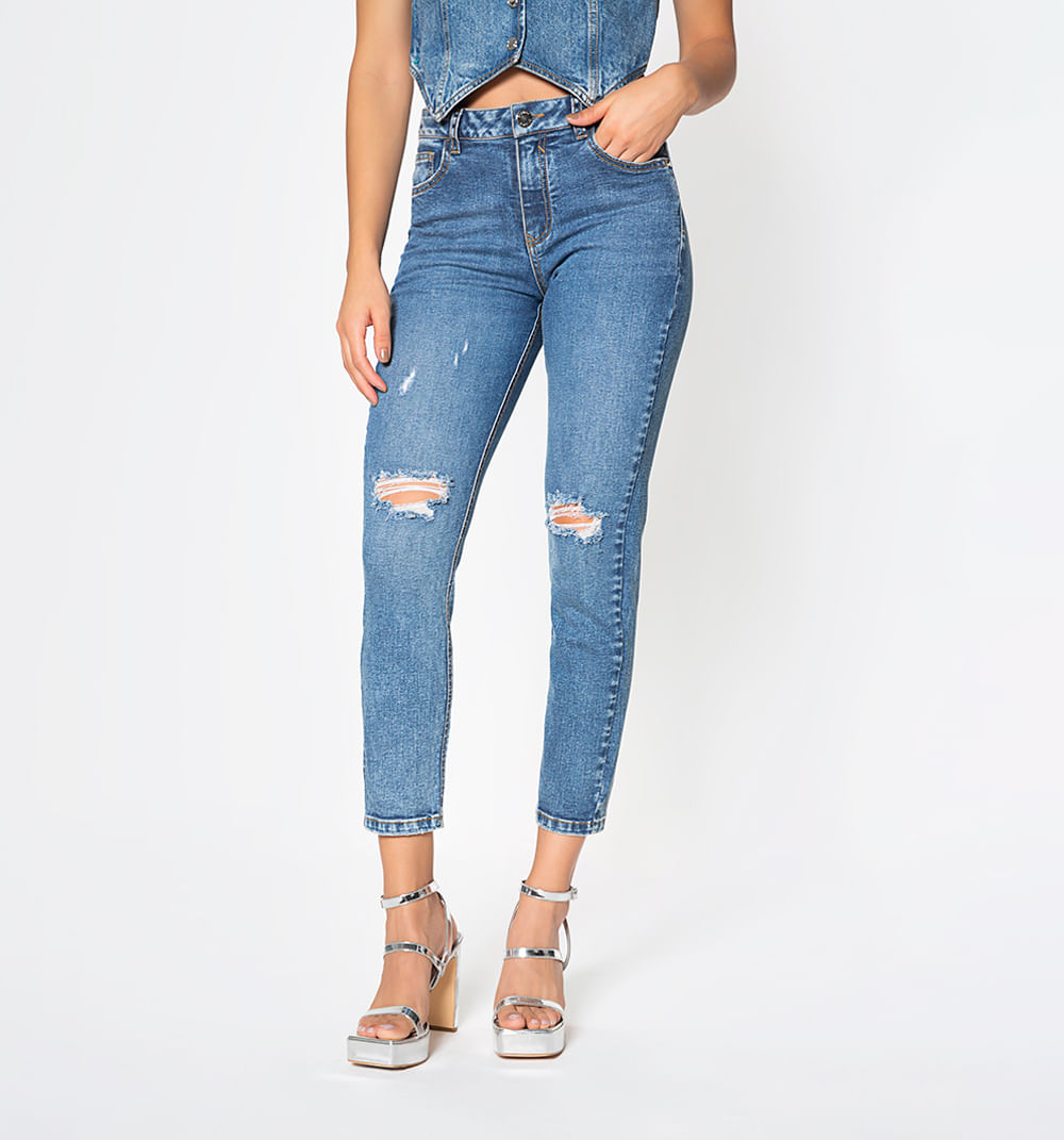 Jean skinny tiro alto tono medio con des