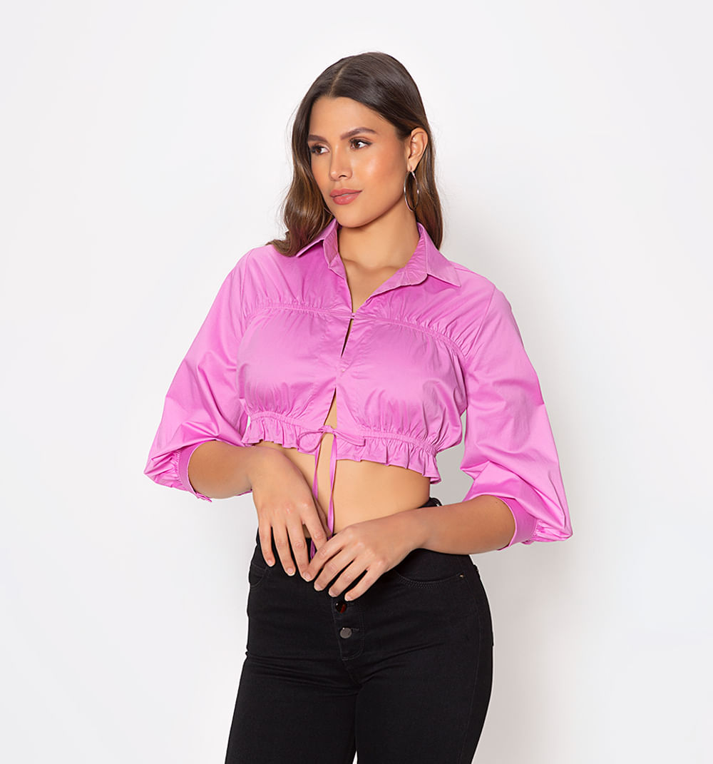 Blusa corta con canales y tiras manga 3/