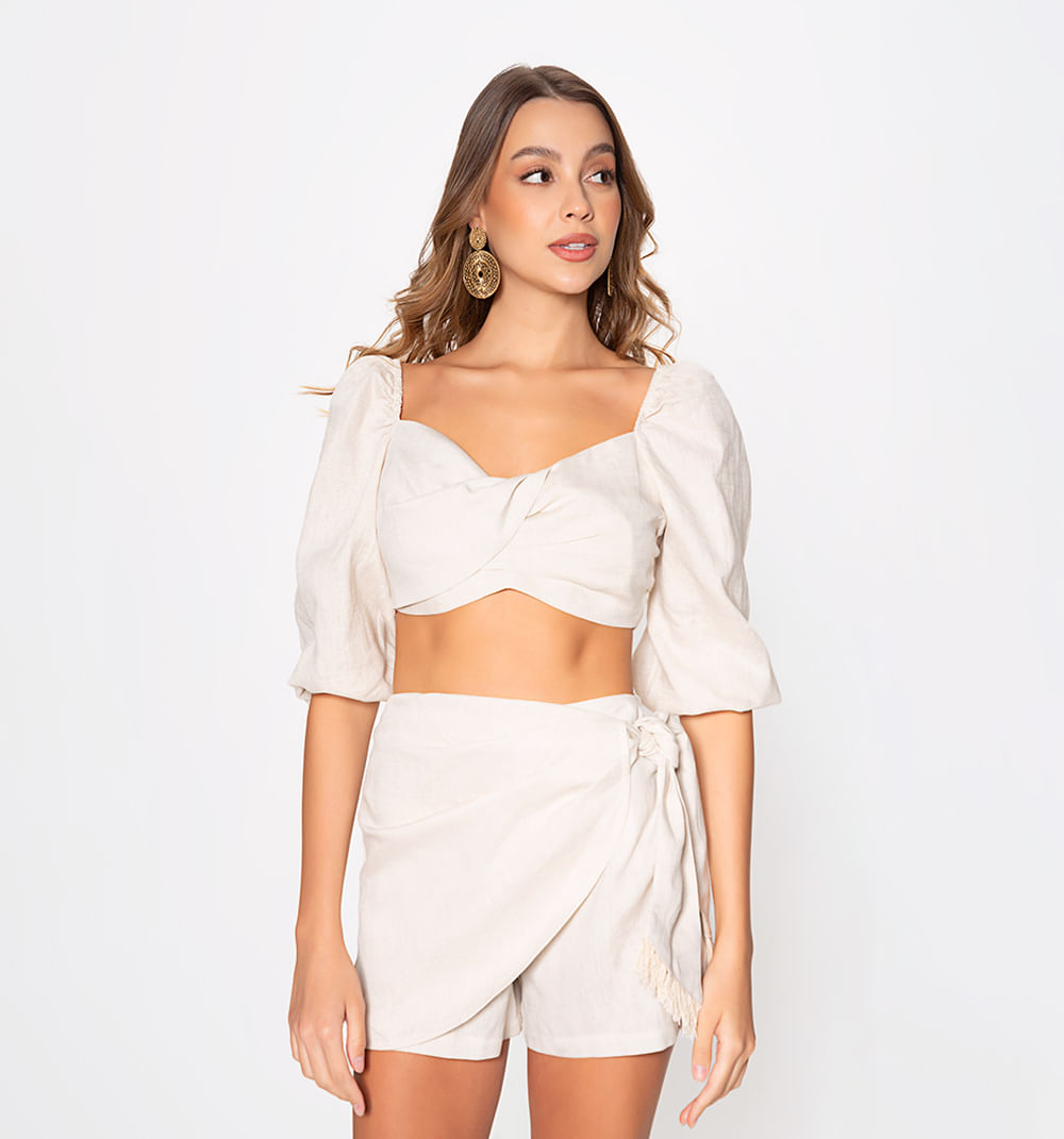 Blusa crop manga bombacha con amarre en