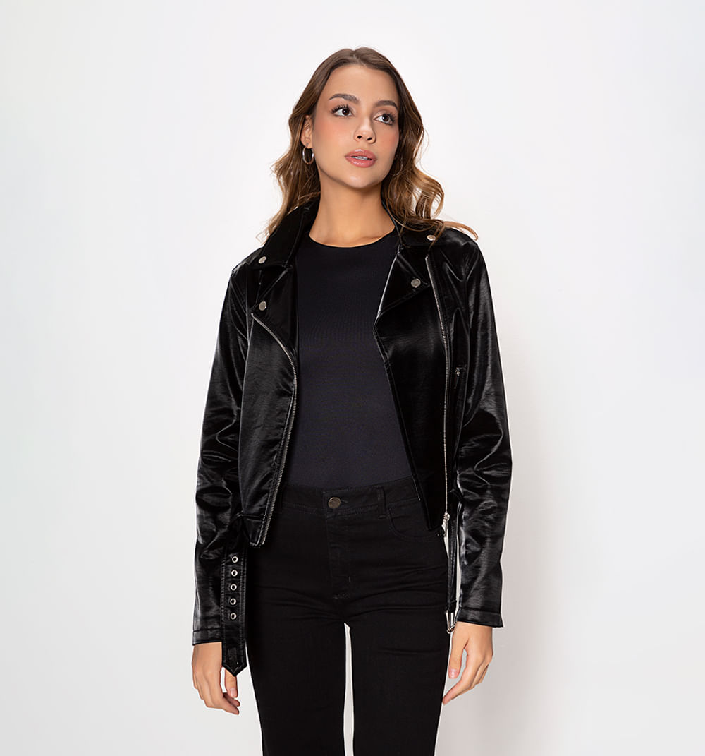 Chaqueta biker en pu con correa
