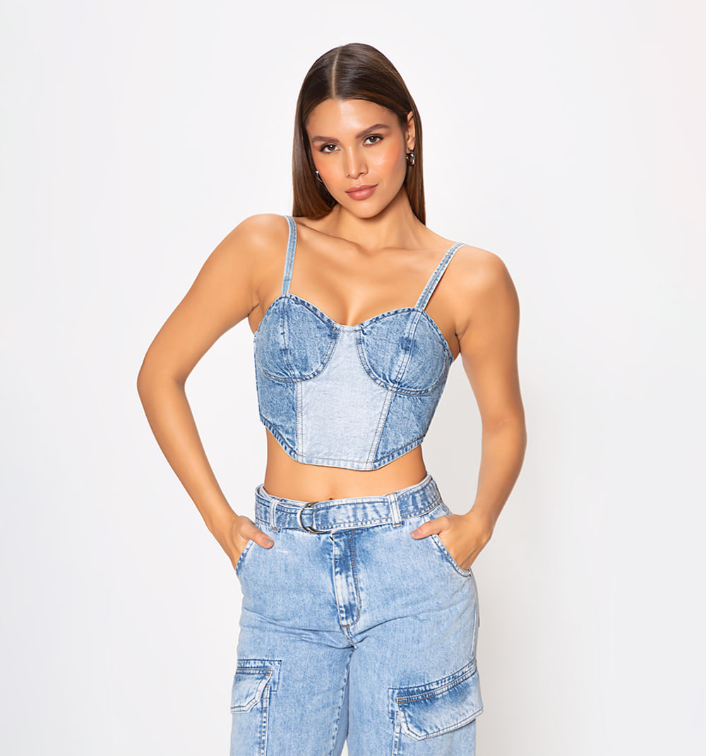Blusa crop tiras, copas, bloque denim