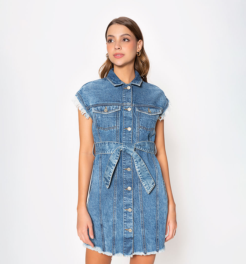 Vestido corto manga rodada con cinturon