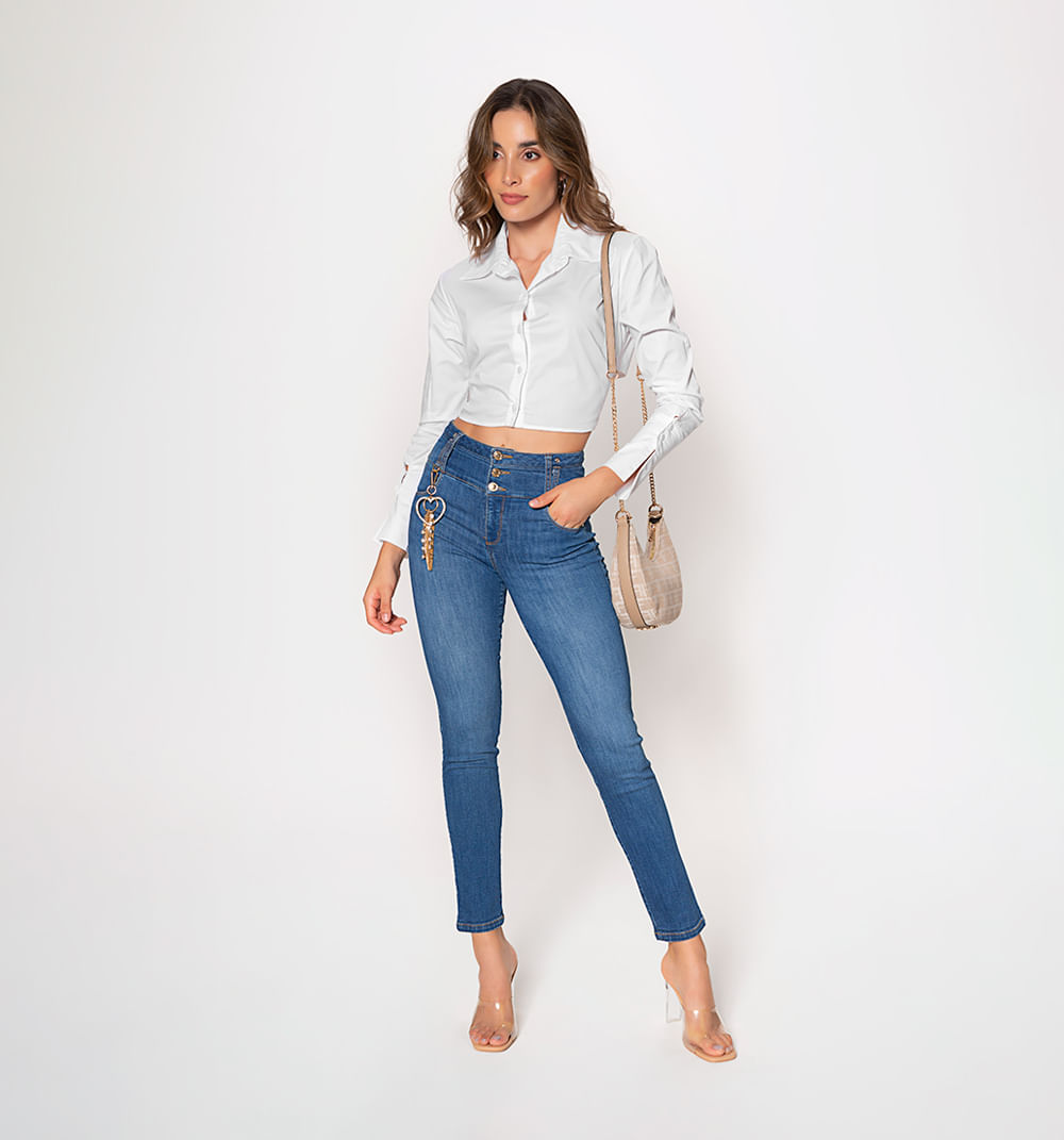 Jean skinny, tiro alto, pretina ancha, l
