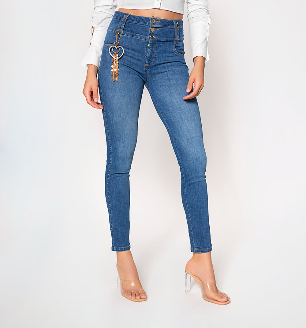 Jean skinny, tiro alto, pretina ancha, l