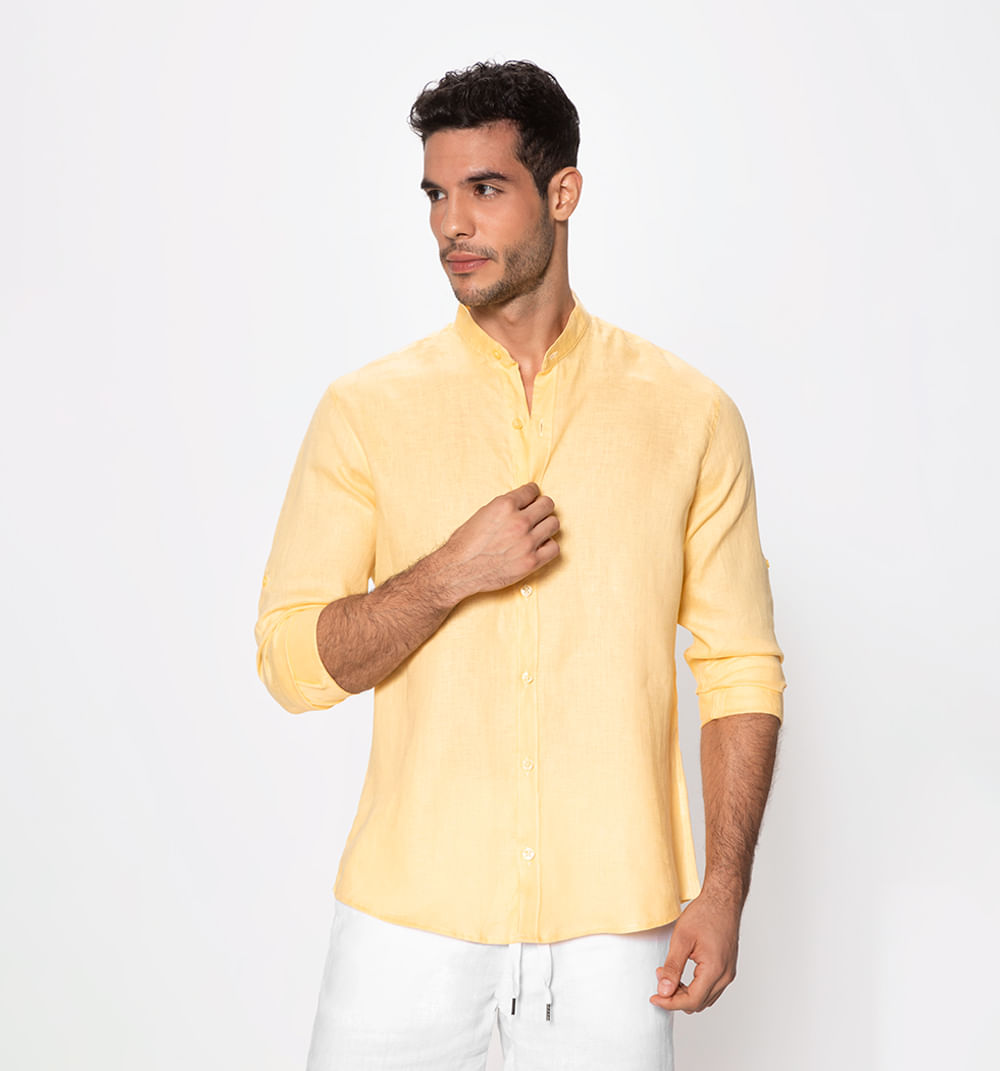 Camisa lino manga larga cuello nerú regu