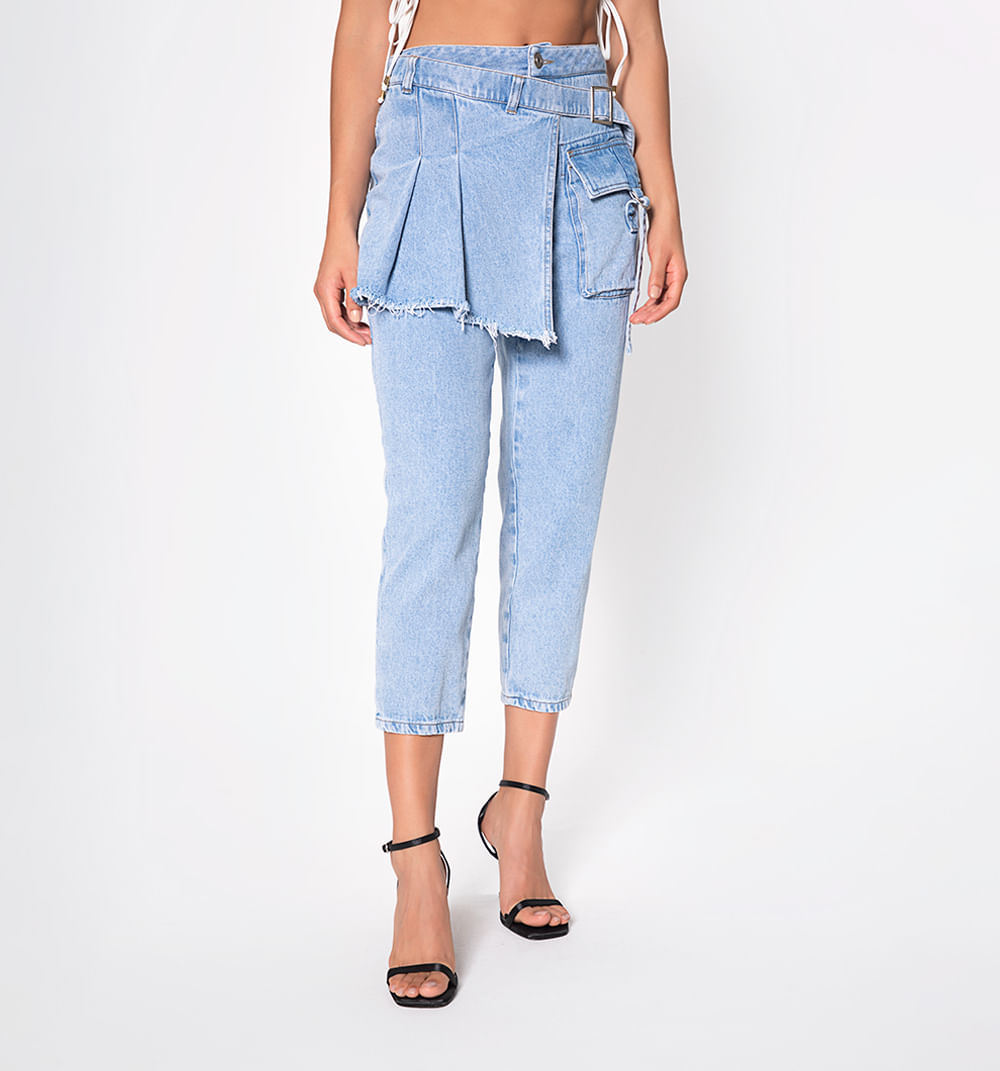 Jean girlfriend,tiro alto, falda sobrepu
