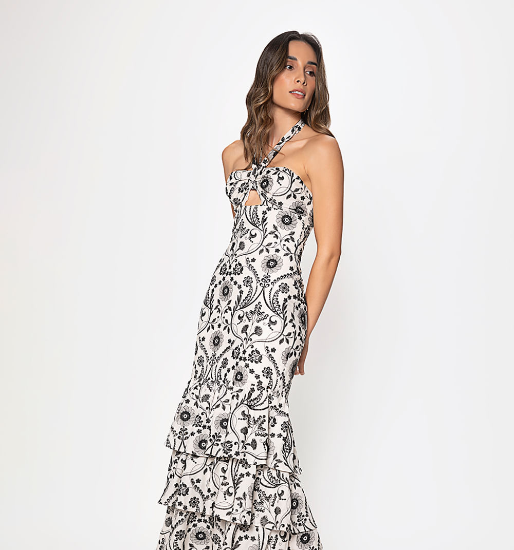 Vestido largo con falda en tiempos y tir