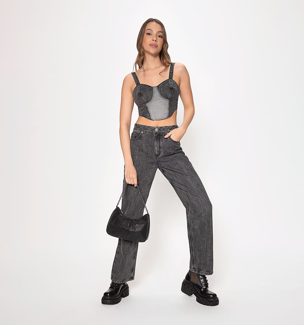 Blusa crop tiras, copas, bloque denim