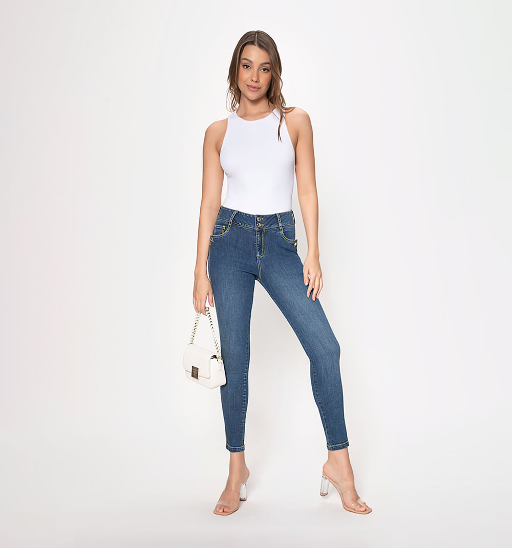 Jean skinny tiro medio cinco bolsillos