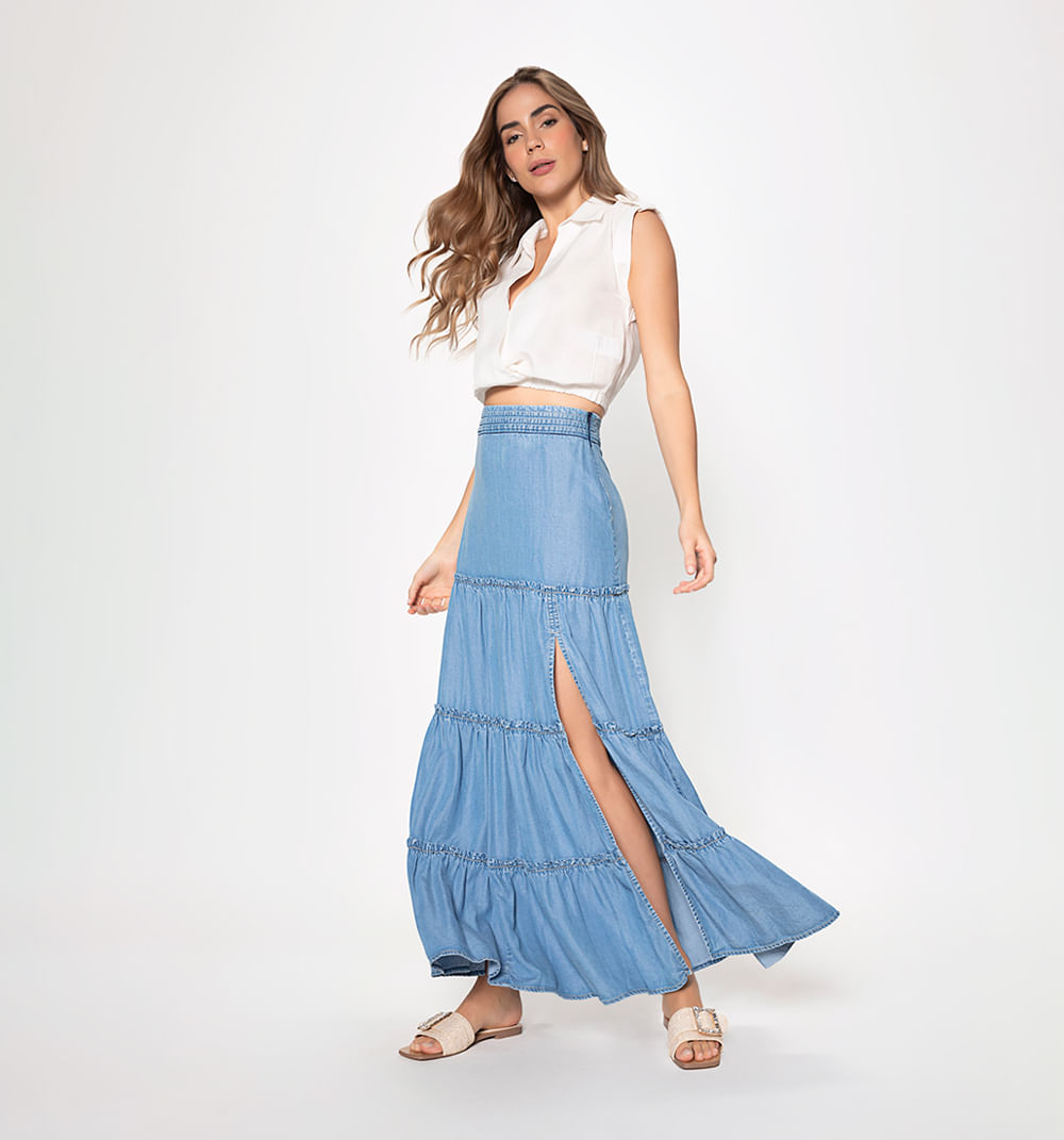 Falda larga, alforzas en pretina, en tie