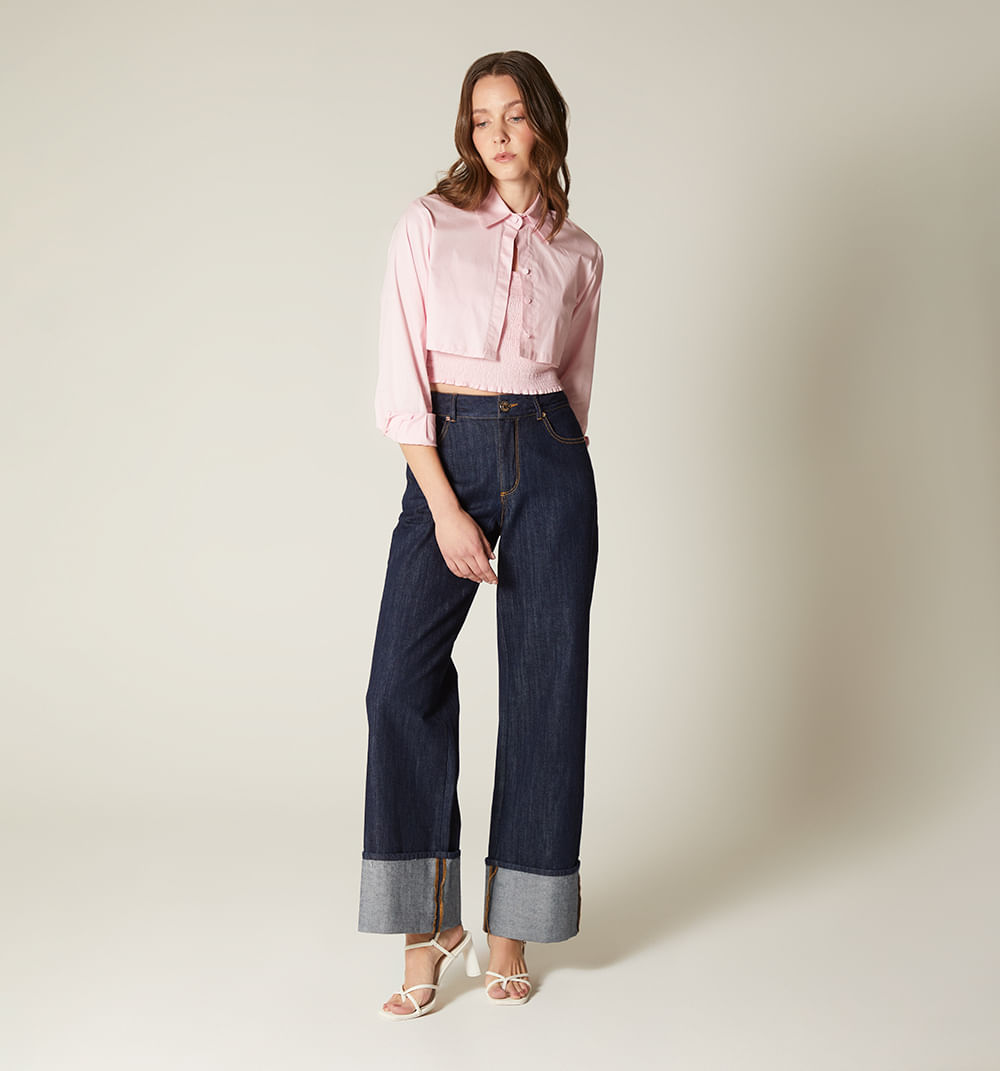 Jean wide leg, tiro alto, cinco bolsillo