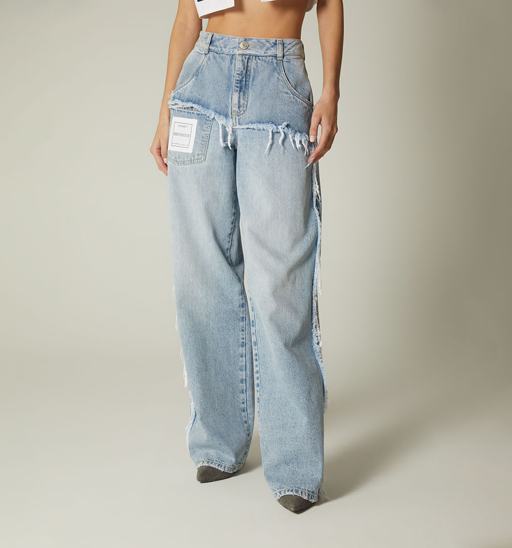 Jean wide leg, tiro alto, cortes rusticos sobrepuestos