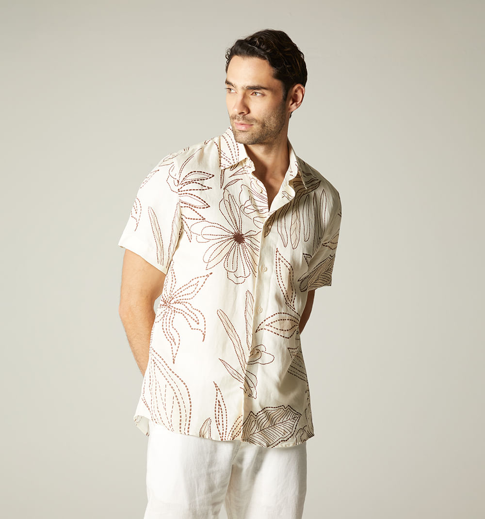 Camisa de lino para hombre manga corta e