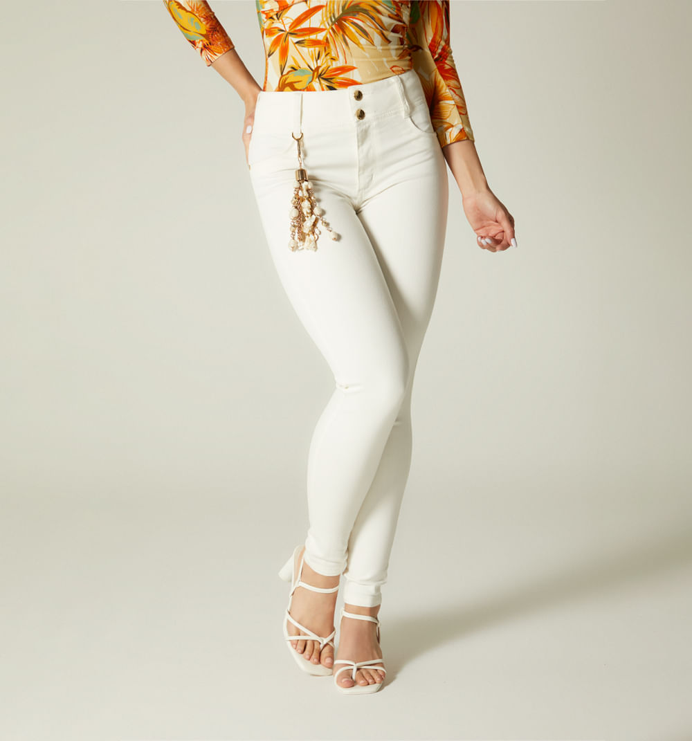 Jean ultraslim tiro alto,cinco bolsillos, con borla