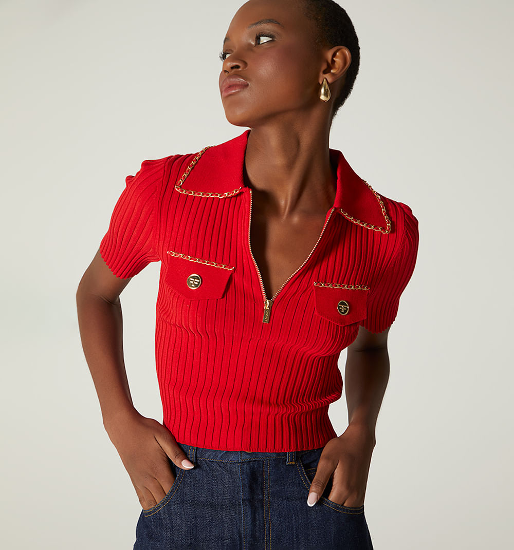 Blusa tejida cuello polo manga corta