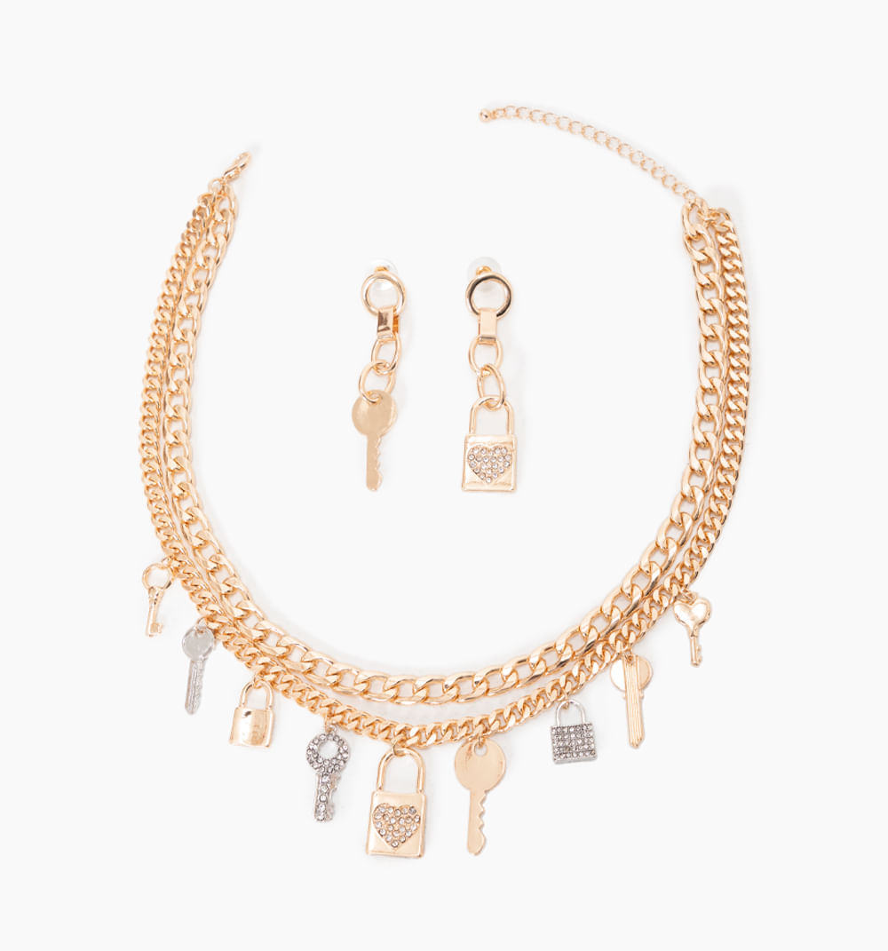 Set aretes y collar candados y llaves cr