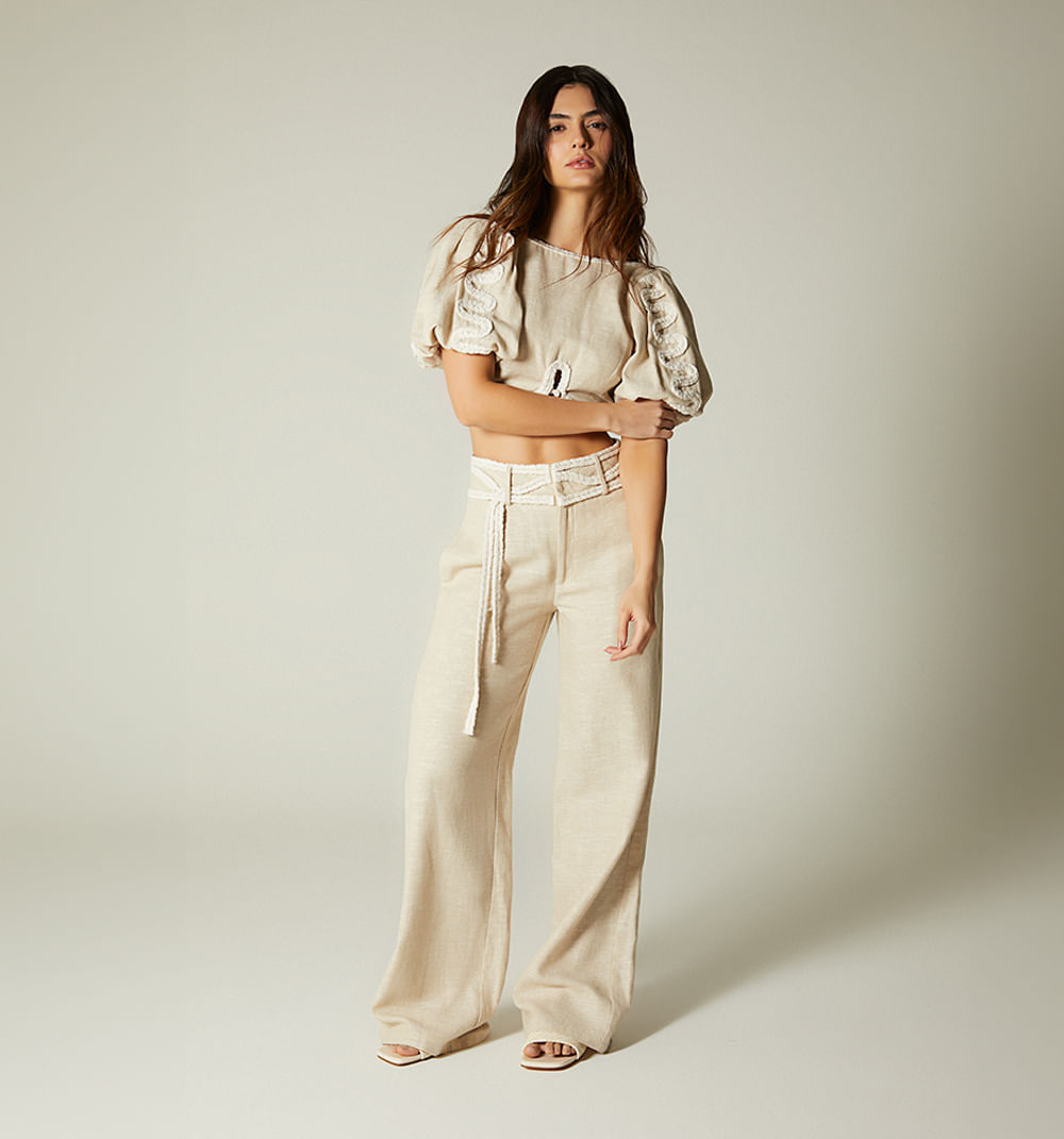 Pantalon palazo prenses, aplique trensa