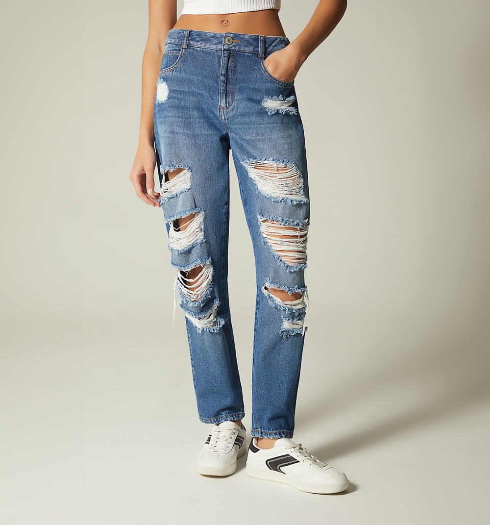 Jean boyfriend basico kendall tiro alto, cinco bolsillos, proceso con rotos