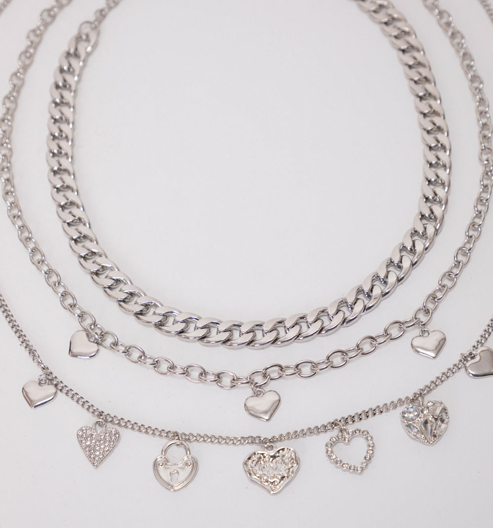 Collar cadenas y corazones set x3