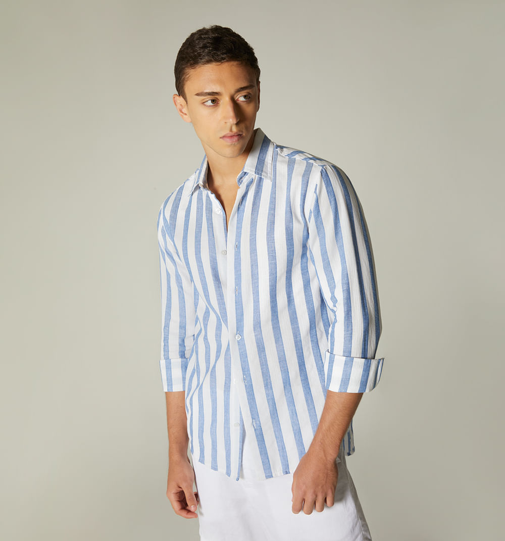 Camisa de lino para hombre de rayas x li