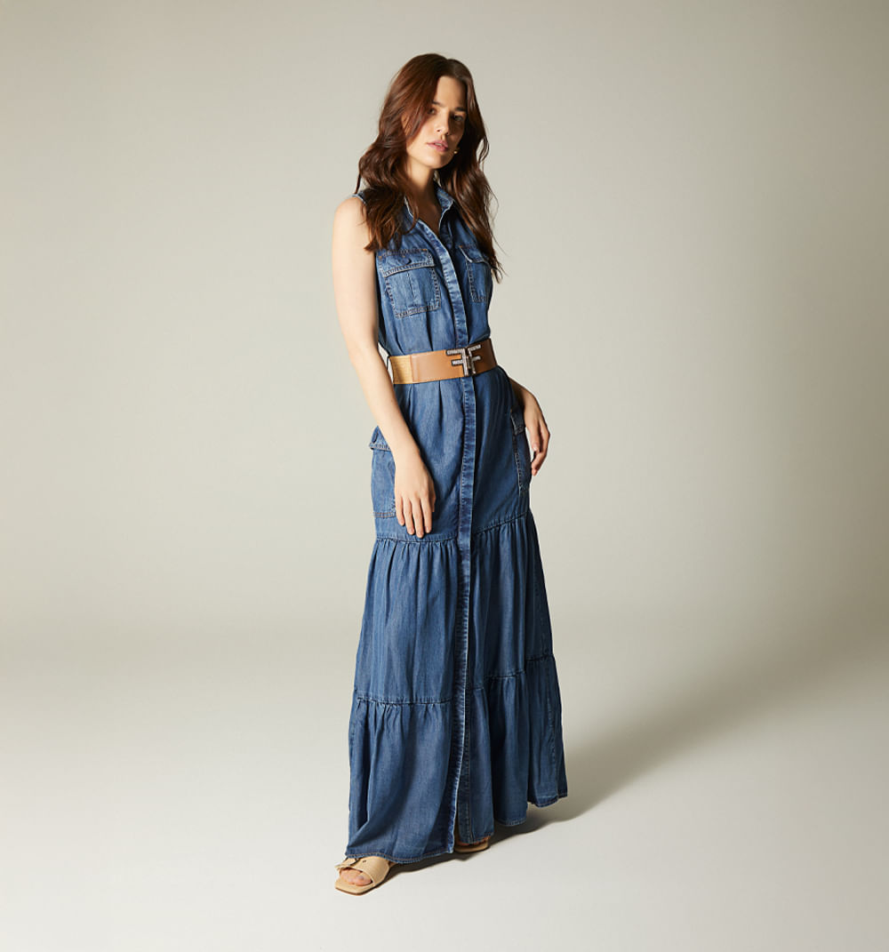 Vestido sisa largo con bolsillos y corre