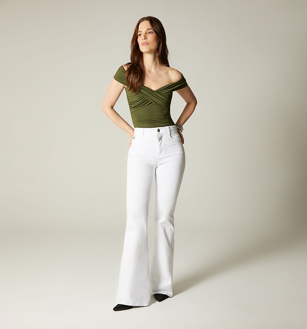 Jean campana tiro alto blanco para mujer