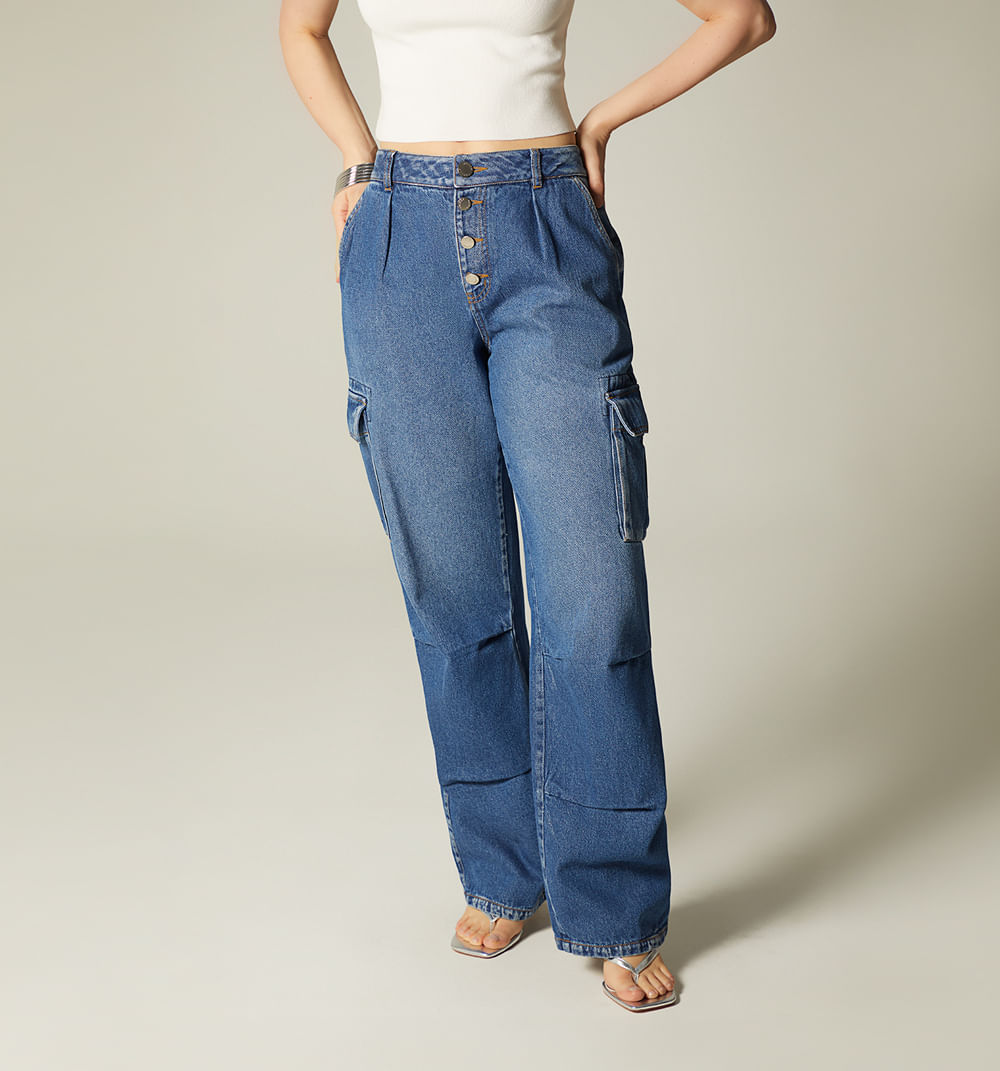 Jean cargo bota recta tiro alto para mujer