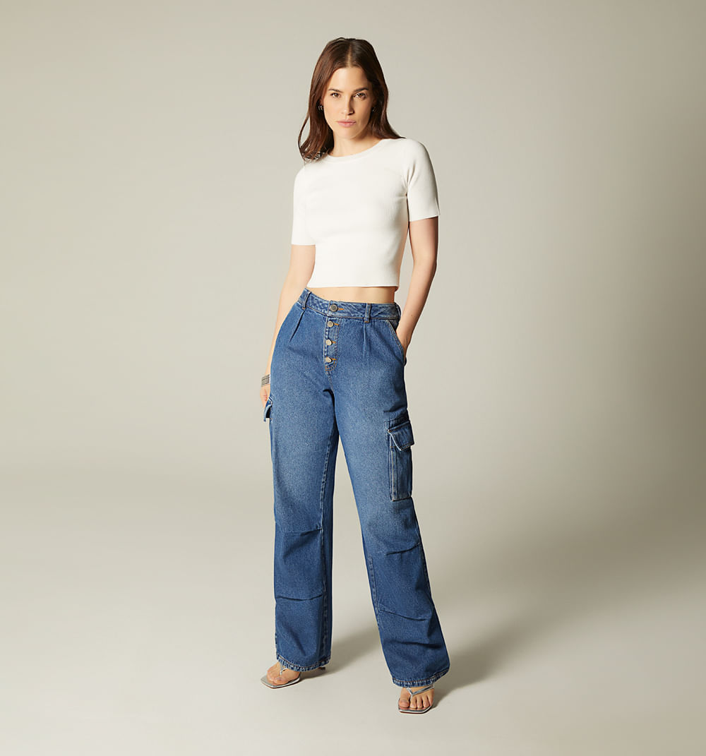 Jean cargo bota recta tiro alto para mujer