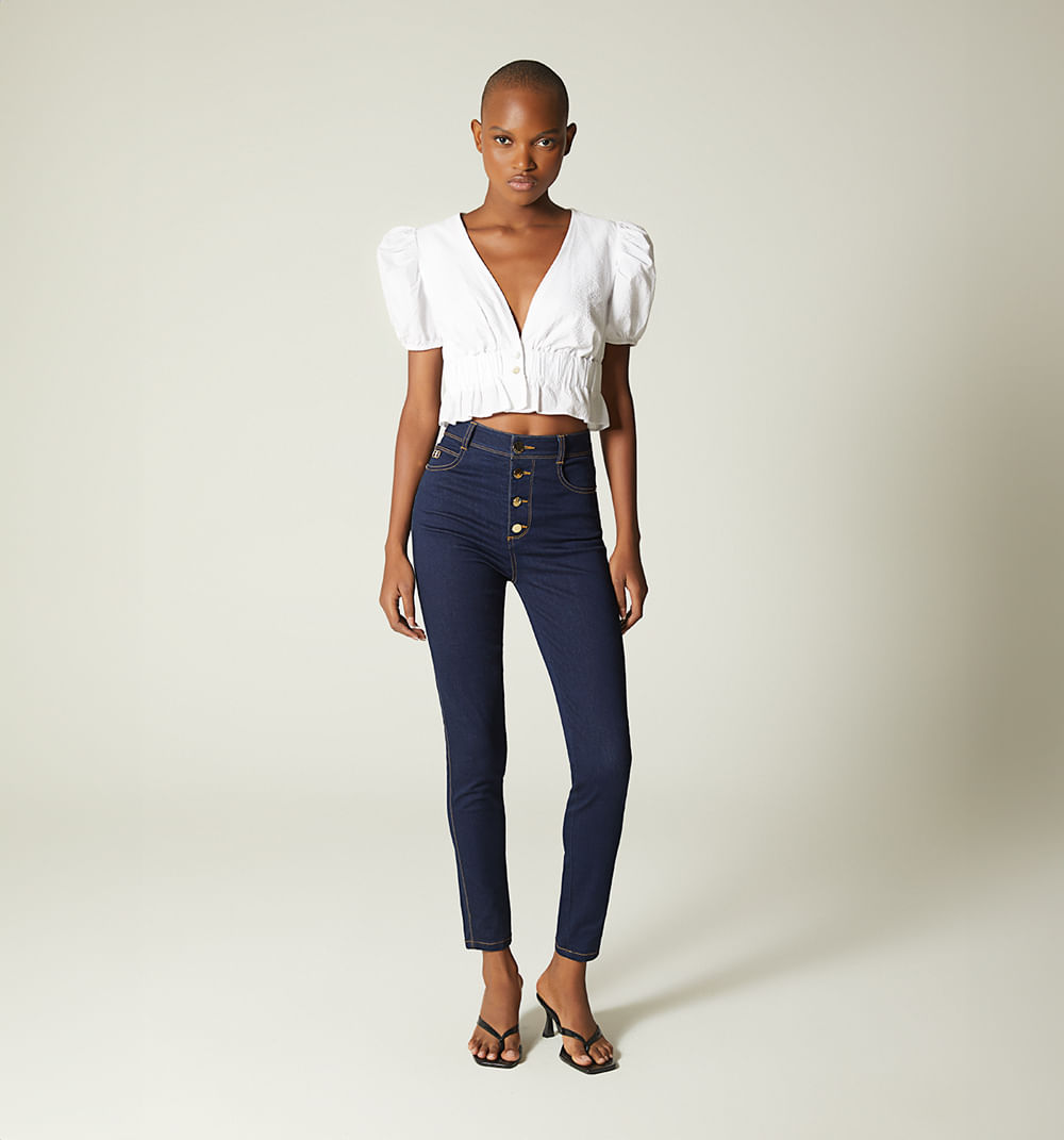 Jean ultraslim tiro super alto botones a la vista para mujer