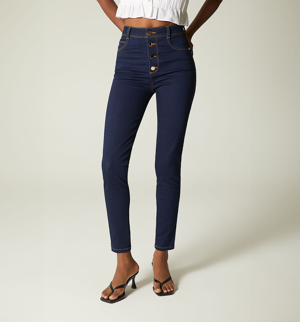Jean ultraslim tiro super alto botones a la vista para mujer