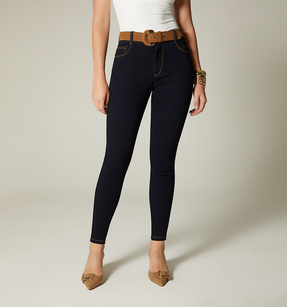 Jean ultraslim, tiro alto,cinco bolsillos, correa