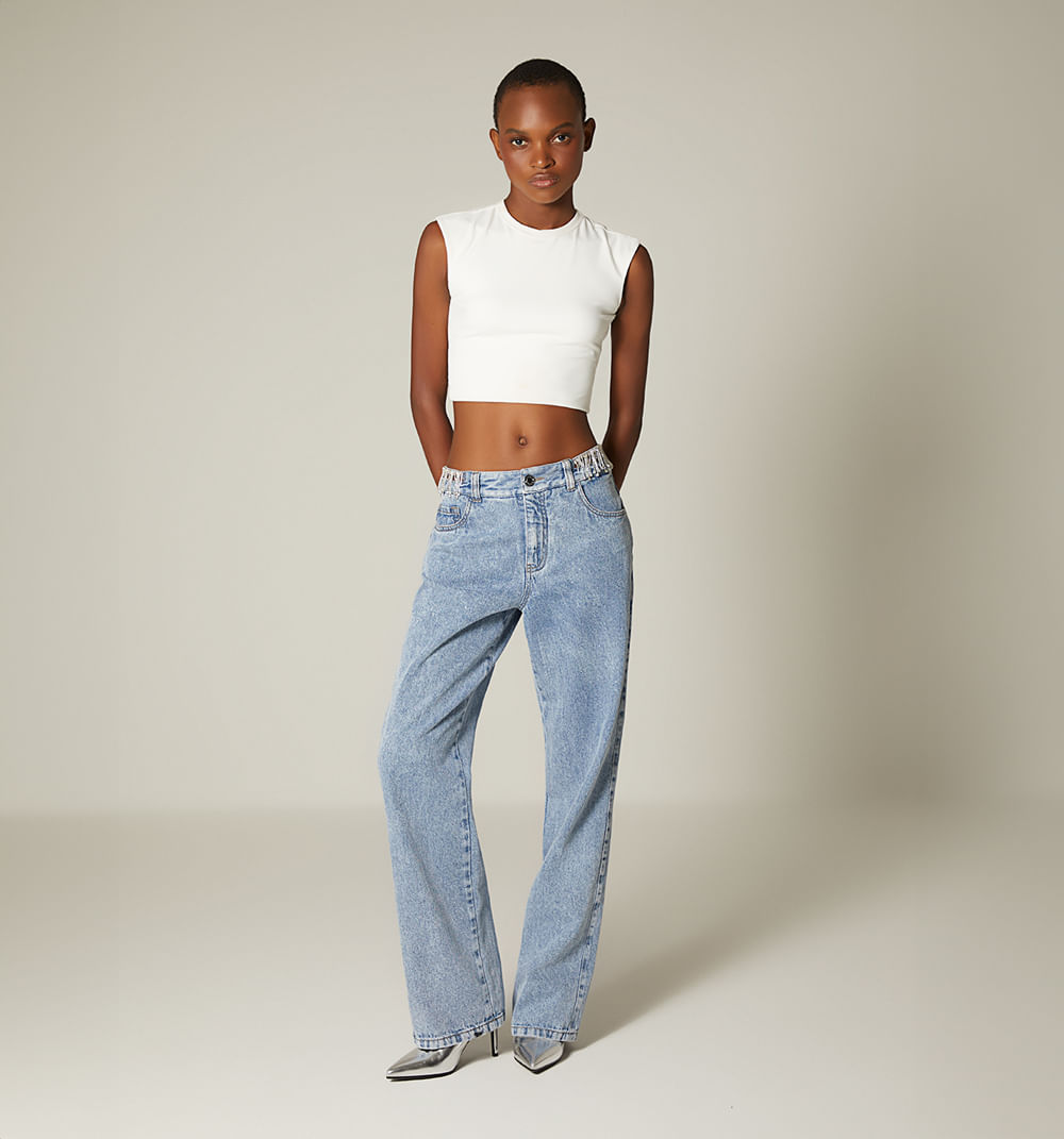 Jean bota recta tiro alto con cristales para mujer