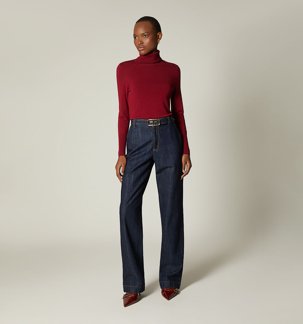 Jean bota recta tiro alto correa para mujer