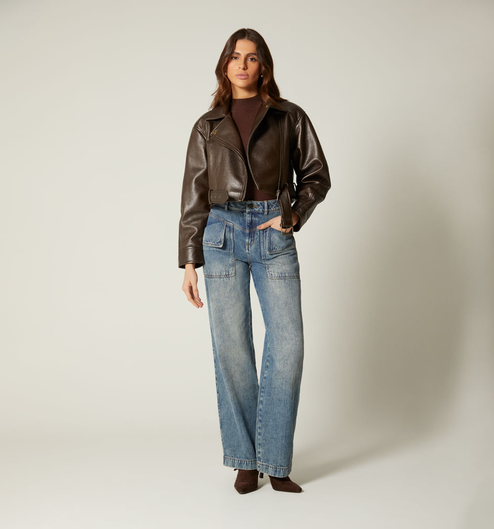 Chaqueta motera cruzada con cinturon