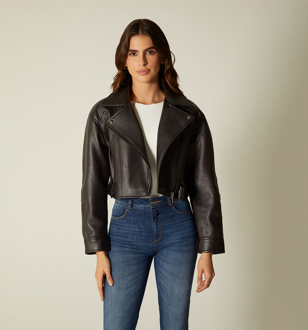 Chaqueta motera cruzada con cinturon