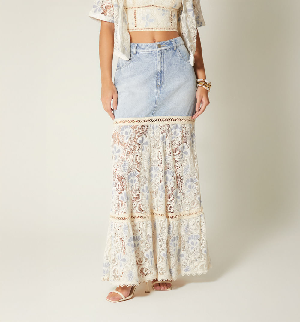 Falda larga denim combinacion crochet