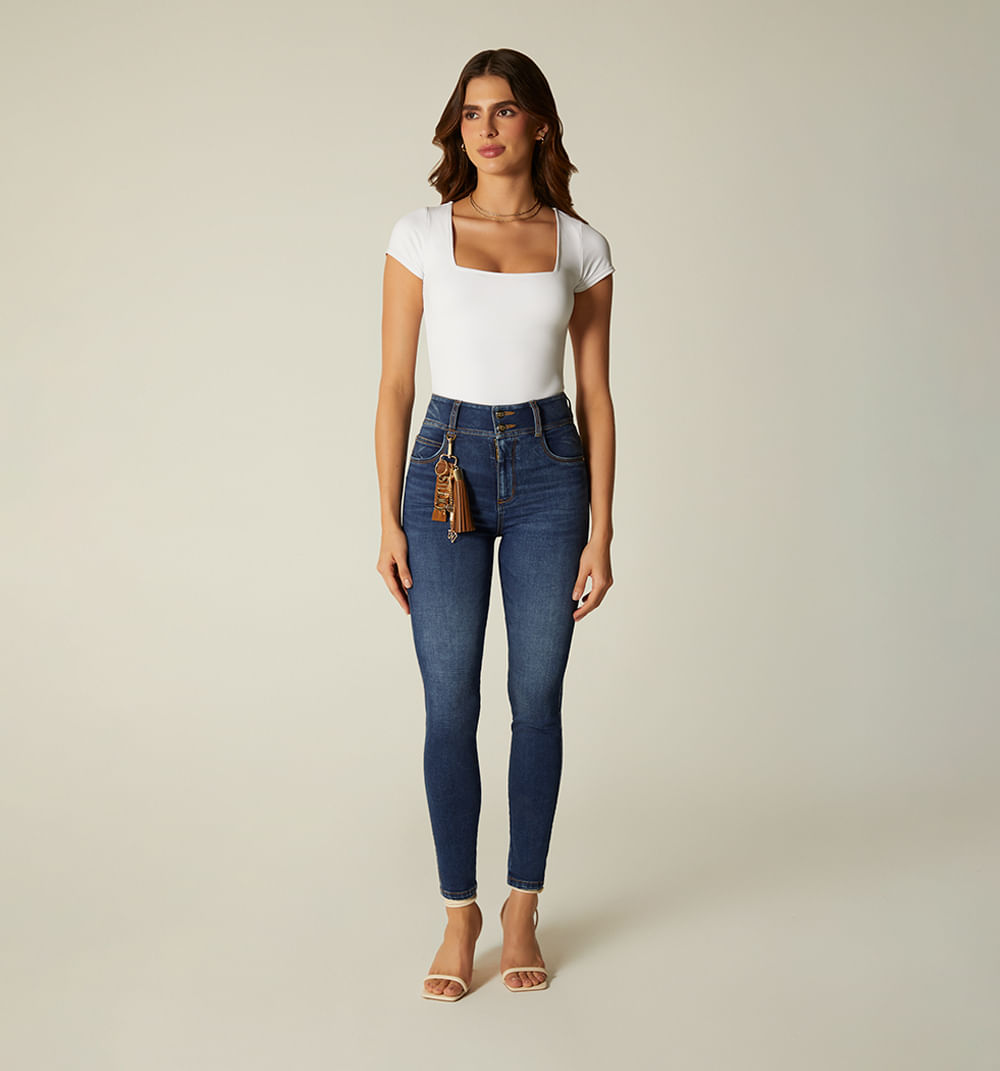 Jean ultraslim tiro super alto con borla