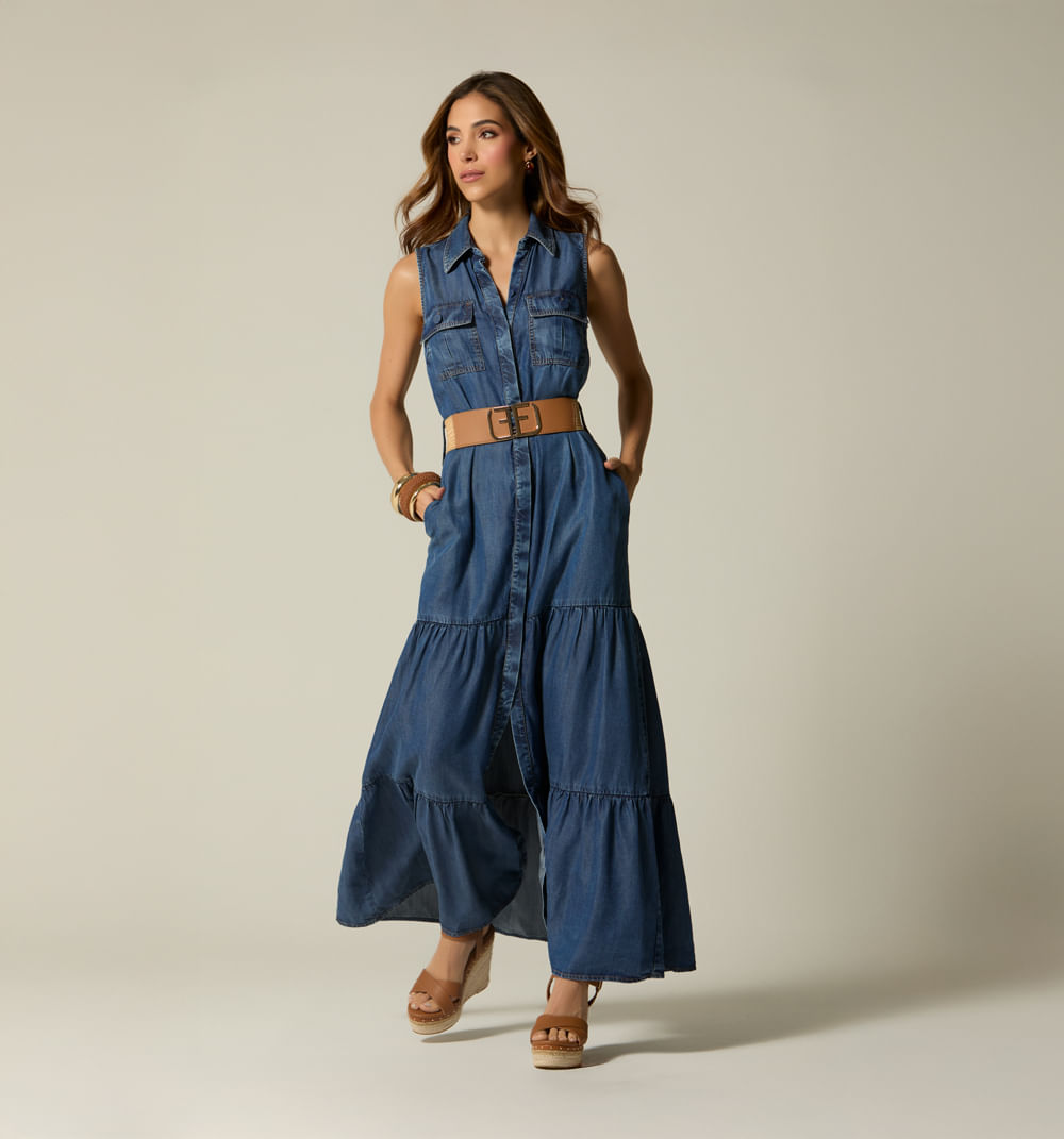 Vestido sisa largo, bolsillos y correa