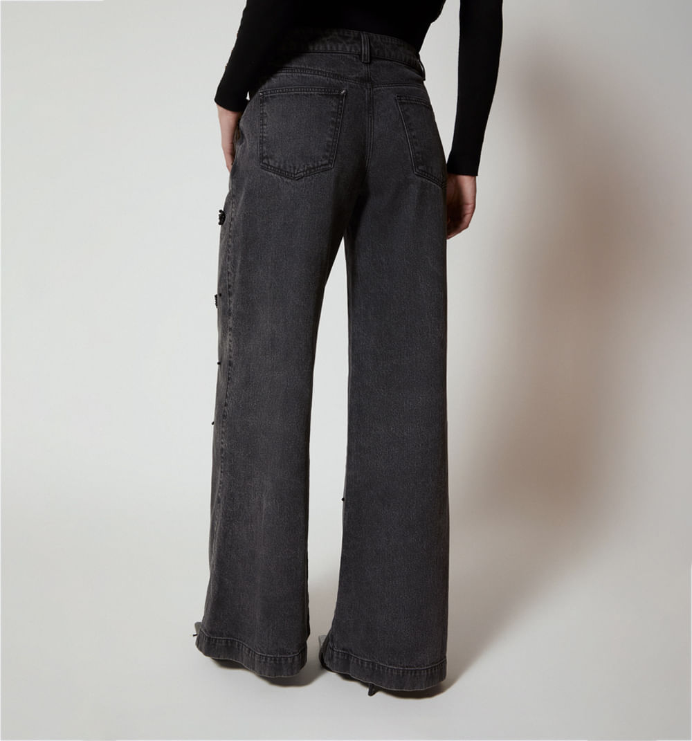 Jean wide leg tiro alto perlas negras