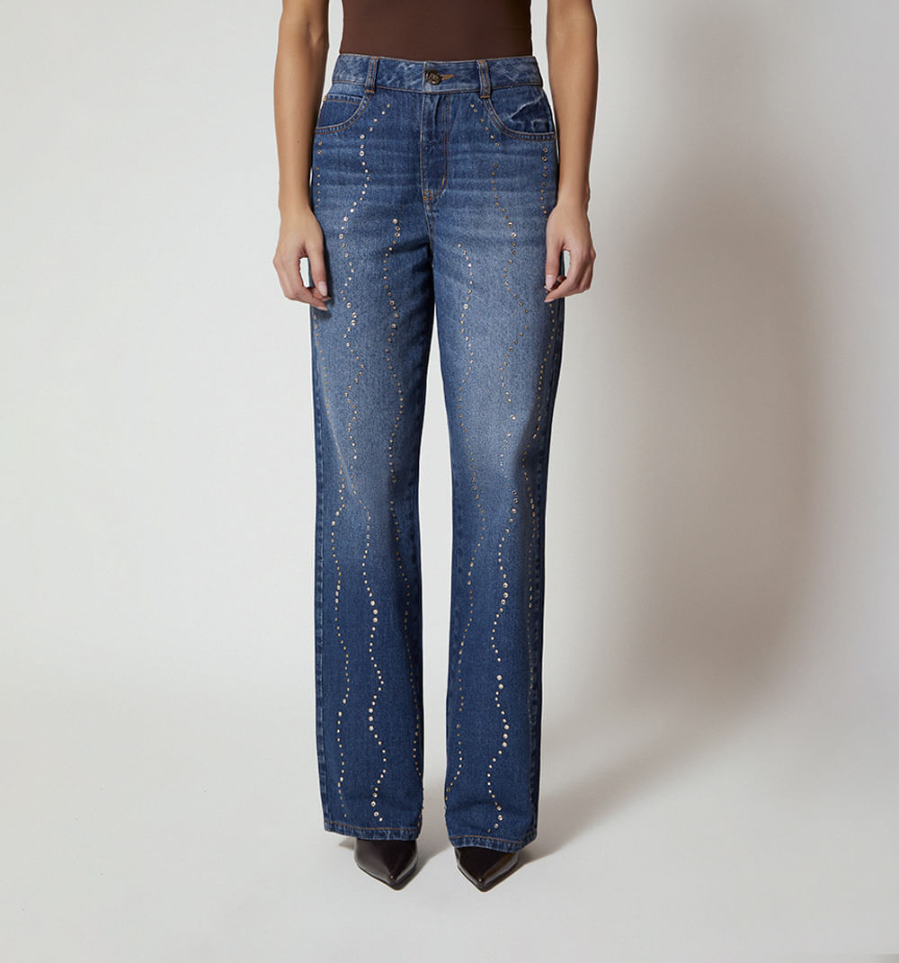 Jean bota recta tiro alto con cristales