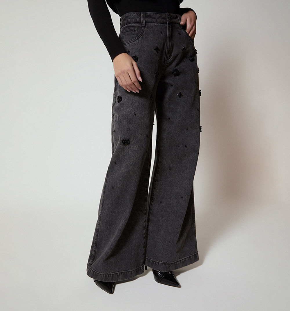 Jean wide leg tiro alto perlas negras