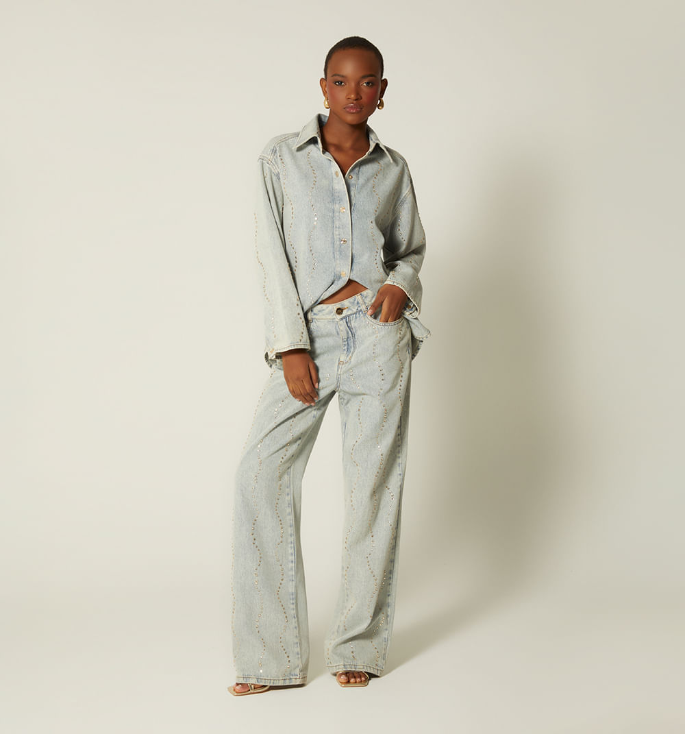 Jean bota recta tiro alto con cristales