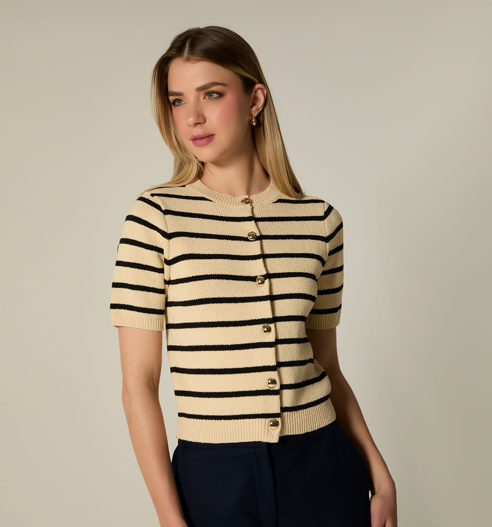 Blusa m/c rayas con botón joya